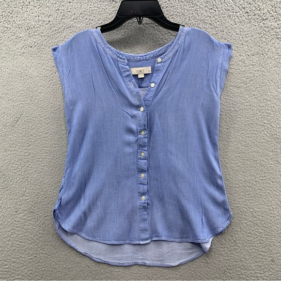 Ann Taylor Loft Top Blouse Women’s XSP Blue Chambray Button Up Front Sleeveless - Picture 1 of 8